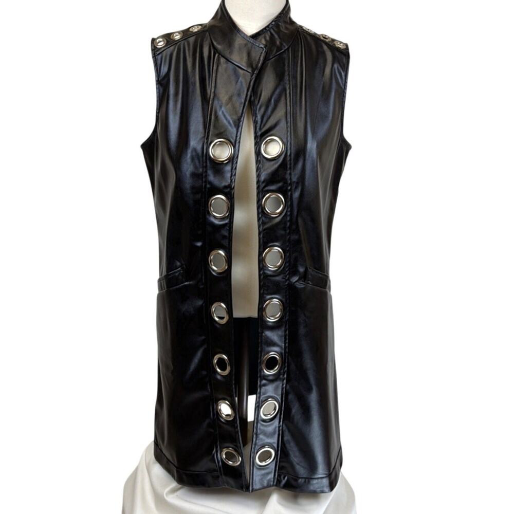 NWT Berek Black Faux Leather Grommet Details Open Front Long Vest Size S